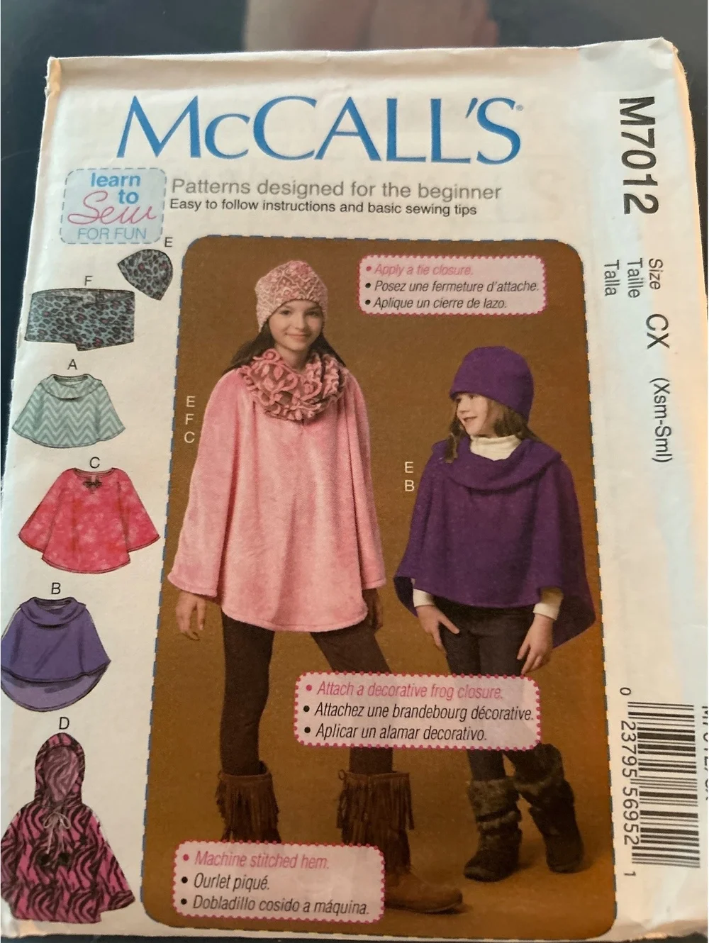 McCALL'S M7012 Sewing Pattern for Beginner Poncho and Accessories XS-S